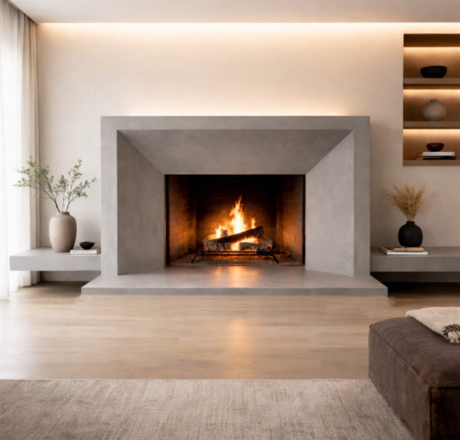 Hand-cast concrete fireplace surround with a lit fire