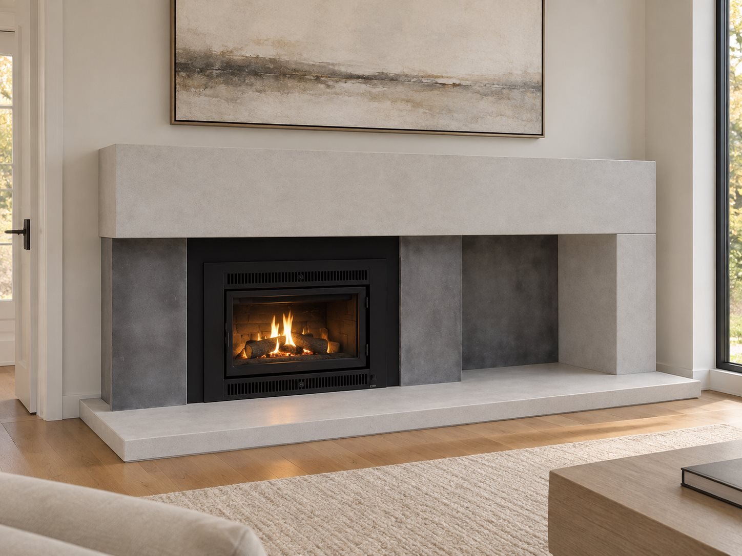 Modern two-tone cast concrete fireplace surround with gas insert